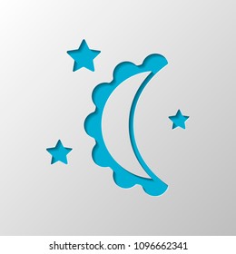 moon and stars. simple silhouette. Paper design. Cutted symbol with shadow
