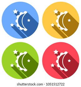 moon and stars. simple silhouette. Set of white icons with long shadow on blue, orange, green and red colored circles. Sticker style