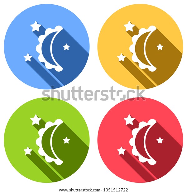 moon and stars. simple silhouette. Set of white\
icons with long shadow on blue, orange, green and red colored\
circles. Sticker style