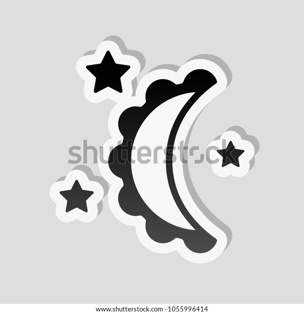 moon and stars. simple\
silhouette. Sticker style with white border and simple shadow on\
gray background