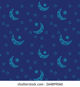 Moon, stars, sky. Blue background.