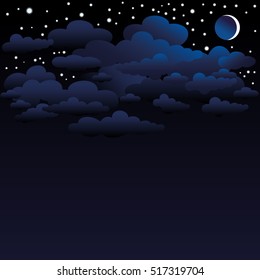 Moon and stars in the sky. Night sky. Clouds. Vector background.