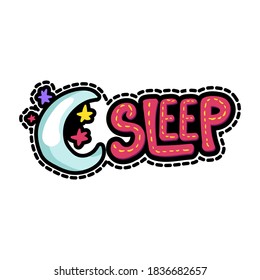 Moon, Stars With Sleep Lettering Sticker. Bedtime Stitched Frame Clipart. Night Sky Illustration