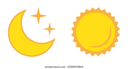 Luna con las estrellas y el icono plano del sol, la noche y el icono del día.