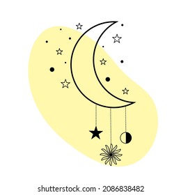 Moon with stars and sun in line art. Spiritual symbol celestial space. Alchemy esoteric mystical magic talisman. 