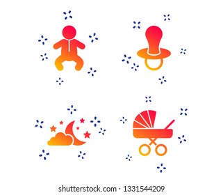 Moon and stars symbol. Baby infants icon. Buggy and dummy signs. Child pacifier and pram stroller. Random dynamic shapes. Gradient stars icon. Vector