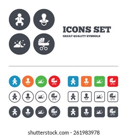 Moon and stars symbol. Baby infants icon. Buggy and dummy signs. Child pacifier and pram stroller. Web buttons set. Circles and squares templates. Vector