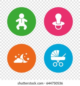 Moon and stars symbol. Baby infants icon. Buggy and dummy signs. Child pacifier and pram stroller. Round buttons on transparent background. Vector