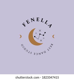 Moon and Stars. Vector Boho Witch and Magic logo design template in trendy linear minimal style. Symbol for cosmetics and packaging, jewellery, hand crafted or beauty products