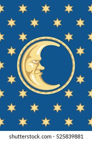Moon and Stars Vector Design
Vector illustration of golden man in the moon on background of blue sky and gold stars.