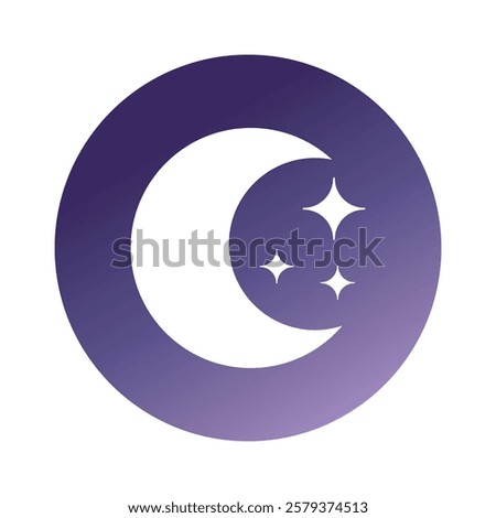 Moon and Stars Vector Flat Icon Design. Sleep Time Gradient Violet Button Label for Packaging of Melatonin Supplements. Night Sky Simple Illustration.