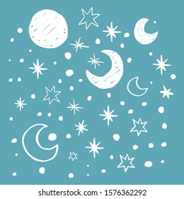 Moon and stars vector hand-drawn background