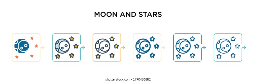 Moon and stars vector icon in 6 different modern styles. Black, two colored moon and stars icons designed in filled, outline, line and stroke style. Vector illustration can be used for web, mobile,