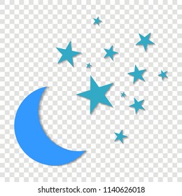 Moon and stars Vector icon. Yellow stars on a blue night sky on a transparent background.  Layers grouped for easy editing illustration.  For your design.