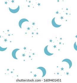 Moon and stars Vector icon. Yellow stars on a blue night sky seamless pattern on a white background.