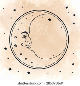 Moon and stars. Vector illustration in vintage engraving style.