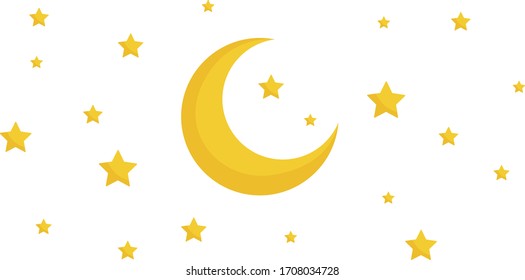 Moon and stars. Yellow moon and stars isolated on white background. Vector stock.