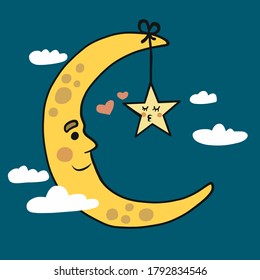Moon and start cartoon vector illustration
