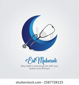 The moon stethoscope represents the Muslim festivals of Ramadan, Eid, and Eid Ul Adha. It is a concept of Eid Mubarak, and it is also a concept of Muslim health care.