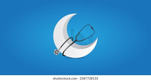 The moon stethoscope represents the Muslim festivals of Ramadan, Eid, and Eid Ul Adha. It is a concept of Eid Mubarak, and it is also a concept of Muslim health care.