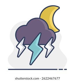 Moon storm cloud vector icon. Rainstorm symbol. Meteorology sign. Graph symbol for travel, tourism and weather web site and apps design, logo, app, UI