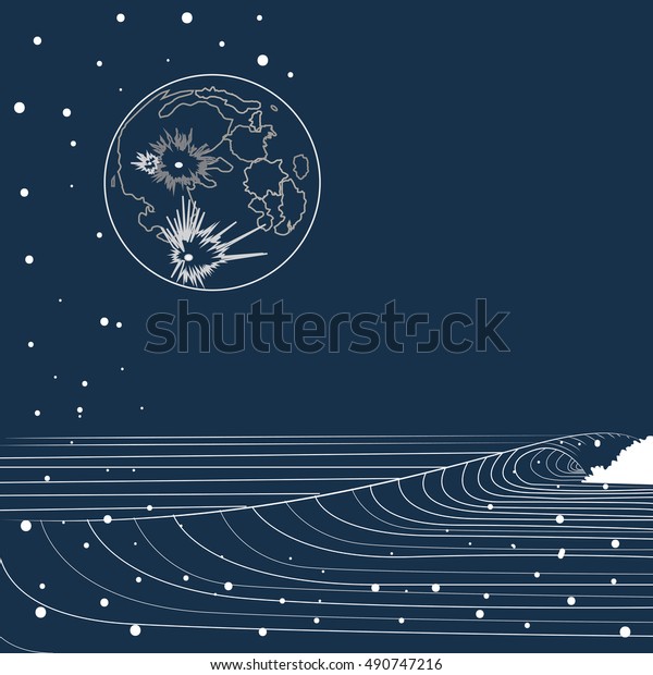 Moon stroke. Planet\
in Space, the Moon with sea wave, sky.  Vector Illustration. dark\
blue tone drawing