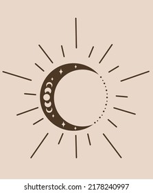 Luna con arte vectorial de estilo boho y abstracto del sol.