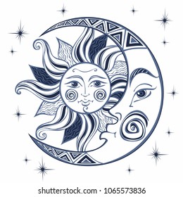 The moon and the sun. Ancient astrological symbol. Engraving. Boho Style. Ethnic. The symbol of the zodiac. Mystical. Vector.