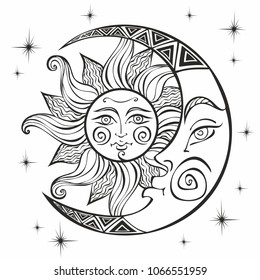 The moon and the sun. Ancient astrological symbol. Engraving in Boho Style. Coloring vector.