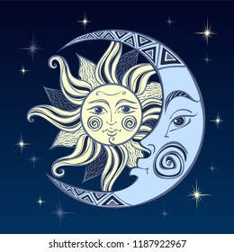 The moon and the sun. Ancient astrological symbol. Engraving. Boho Style. Ethnic. The symbol of the zodiac. Mystical. Vector.