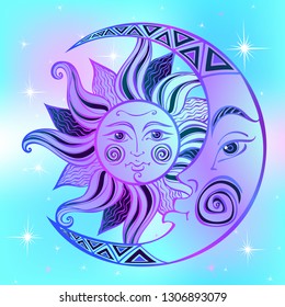 The moon and the sun. Ancient astrological symbol. Engraving. Boho Style. Ethnic. The symbol of the zodiac. Mystical. Vector.