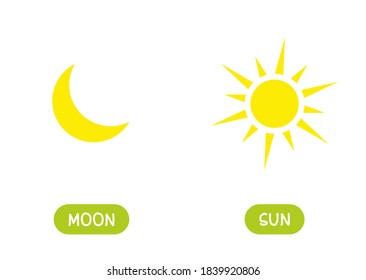 MOON and SUN antonyms word card vector template. Flashcard for english language learning. Opposites concept.