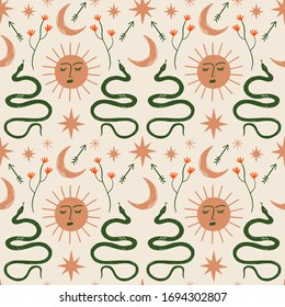 Moon and Sun boho magical seamless pattern with snakes in vector.
