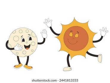 Moon and sun cartoon characters in retro style. Smiling comic characters isolated on white background. Vector illustration.