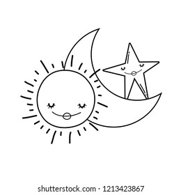 Moon and sun cartoons in black and white