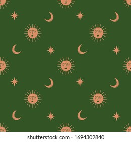 Moon And Sun Celestial Boho Seamless Pattern In Vector.