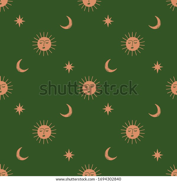 Moon\
and Sun celestial boho seamless pattern in\
vector.