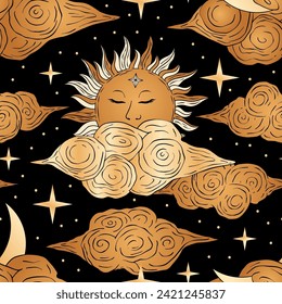 Moon Sun and Cloud Dark Starry Night Golden Magic Astronomy Astrology Star Seamless Pattern Vector Background. Celestial Fairy Dreamy Esoteric Illustration