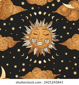 Moon Sun and Cloud Dark Starry Night Golden Magic Astronomy Astrology Star Seamless Pattern Vector Background. Celestial Fairy Dreamy Esoteric Illustration