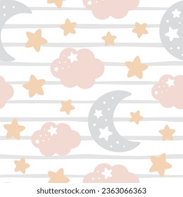 Moon, Sun, Cloud y Stars Cute Seamless Pattern, Cartoon Vector Illustration, Cute Kawaii Cartoon DrawBackground, Aislado Fondo