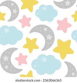 Moon, Sun, Cloud and Stars Cute Seamless Pattern, Cartoon Vector Illustration, Cute Kawaii Cartoon Drawn Background, Isolated Background