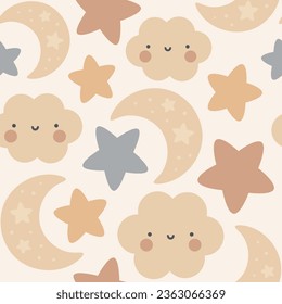 Moon, Sun, Cloud and Stars Cute Seamless Pattern, Cartoon Vector Illustration, Cute Kawaii Cartoon Drawn Background, Isolated Background