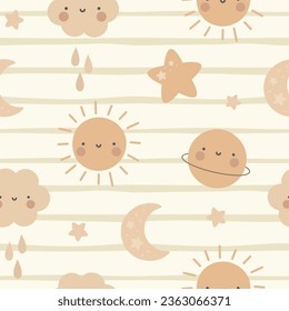 Mond, Sonne, Wolke und Stars Nahtlose Muster, Cartoon-Vektorgrafik, Cute-Kawaii-Cartoon-gezeichneter Hintergrund, isolierter Hintergrund