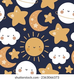 Moon, Sun, Cloud and Stars Cute Seamless Pattern, Cartoon Vector Illustration, Cute Kawaii Cartoon Drawn Background, Isolated Background