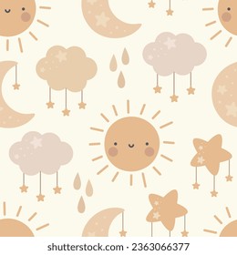 Moon, Sun, Cloud and Stars Cute Seamless Pattern, Cartoon Vector Illustration, Cute Kawaii Cartoon Drawn Background, Isolated Background