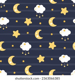 Moon, Sun, Cloud and Stars Cute Seamless Pattern, Cartoon Vector Illustration, Cute Kawaii Cartoon Drawn Background, Isolated Background