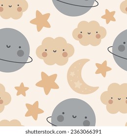 Moon, Sun, Cloud y Stars Cute Seamless Pattern, Cartoon Vector Illustration, Cute Kawaii Cartoon DrawBackground, Aislado Fondo