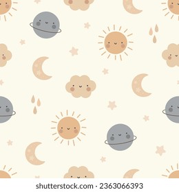 Moon, Sun, Cloud and Stars Cute Seamless Pattern, Cartoon Vector Illustration, Cute Kawaii Cartoon Drawn Background, Isolated Background