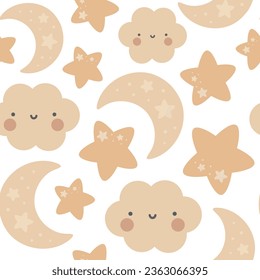 Moon, Sun, Cloud y Stars Cute Seamless Pattern, Cartoon Vector Illustration, Cute Kawaii Cartoon DrawBackground, Aislado Fondo