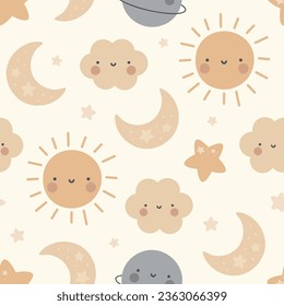 Moon, Sun, Cloud and Stars Cute Seamless Pattern, Cartoon Vector Illustration, Cute Kawaii Cartoon Drawn Background, Isolated Background